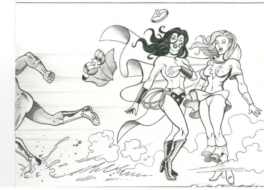 2girls artist_request dc dc_comics female justice_league mary_marvel monochrome shazam tagme the_flash wonder_woman wonder_woman_(series)