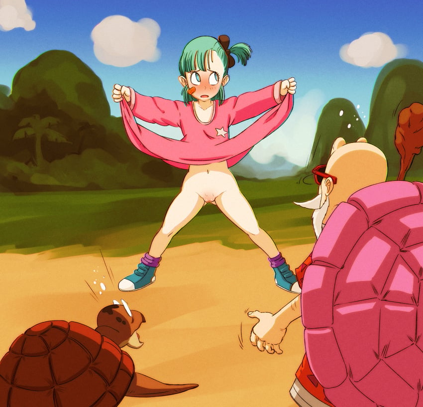 1girls artist_request bandaid blush bulma's_panty_flash bulma_briefs canonical_scene dragon_ball dress_lift looking_at_pussy master_roshi no_panties pajamas pussy source_request teenager turtle_(dragon_ball) vagina