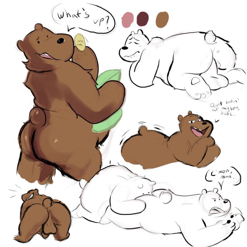 1:1 anal anonymous_artist anus ass ass_up balls big_balls big_butt brown_bear brown_body brown_fur butt_grab butt_wiggle cartoon_network dialogue dildo dildo_sitting duo fur genitals grizzly_(wbb) grizzly_bear hand_on_butt hi_res ice_bear looking_at_viewer male male/male mammal nude oral penetration penis polar_bear rimming sex sex_toy simple_background sketch smile solo teasing ursid ursine video_games we_bare_bears