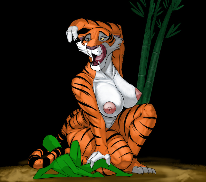 anon anthro bamboo big_breasts breasts claws disney duo fangs felid female genderswap hi_res human imminent_sex larger_anthro larger_female male mammal nipples nude pantherine rule_63 shere_khan size_difference smaller_human smaller_male straight the_jungle_book tiger zokva