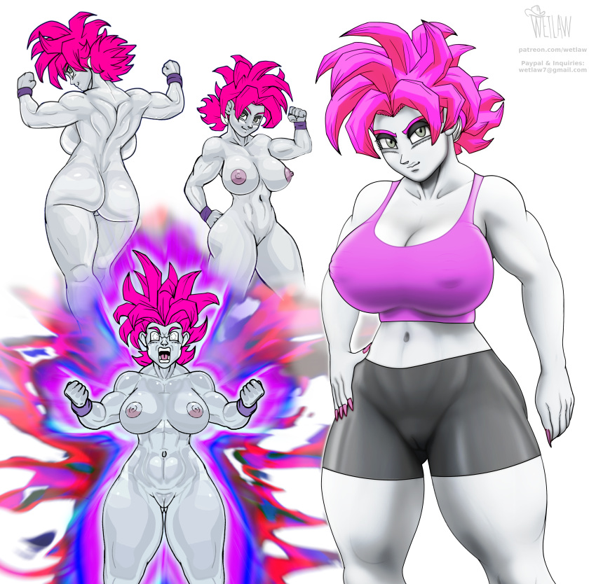 1girls angry areolae aura back_boob back_muscles big_areola big_ass big_breasts black_shorts booty_shorts bottomless broad_shoulders dragon_ball dragon_ball_xenoverse exposed_breasts exposed_pussy eyeliner female female_only flexing grey_eyes grey_skin large_areolae looking_at_viewer muscles muscular muscular_female nipples original_character pink_eyebrows pink_hair ponytail purple_shirt pussy pussy_lips saiyan short_hair smile solo solo_female spiky_hair sports_bra super_saiyan_rose tank_top thin_waist tight_clothes tight_clothing topless wetlaw white_background white_skin wide_hips workout_clothes wristband