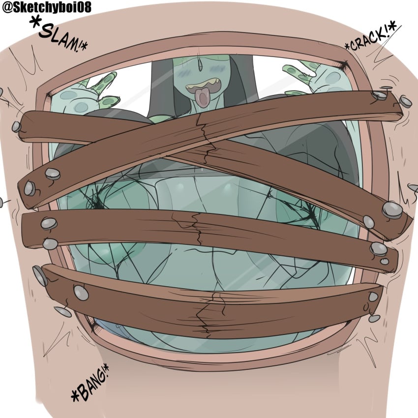 1girls against_glass big_breasts breast_press breasts_on_glass curvaceous curvy female glass green_skin hand_on_glass huge_breasts large_breasts open_mouth sketchyboi08 tongue_on_glass white_background window wooden_plank zombie zombie-chan_(sketchyboi08) zombie_girl zondere