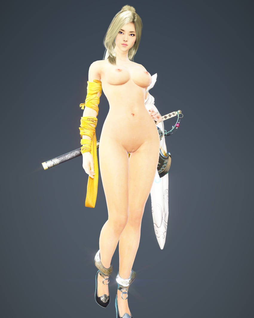 3d areolae asian big_breasts black_desert_online blonde_hair breasts curvy cute female fit high_heels highres hips human lahn long_hair model naked nipples nude original_character petite ponytail posing pussy robe shaved_pussy teen thekarabee thighs uncensored vagina weapon young