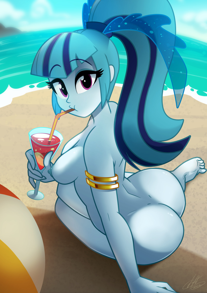 1girls absurdres areolae arm_support armlet ass beach beach_ball blue_hair blush breasts drink equestria_girls eyelashes female female_only friendship_is_magic gold hasbro hi_res highres human humanized jewelry light262 long_hair looking_at_viewer looking_back looking_back_at_viewer my_little_pony nipples nude ocean outdoors pink_eyes ponytail rainbow_rocks sand sideboob solo solo_female sonata_dusk straw two_tone_hair water