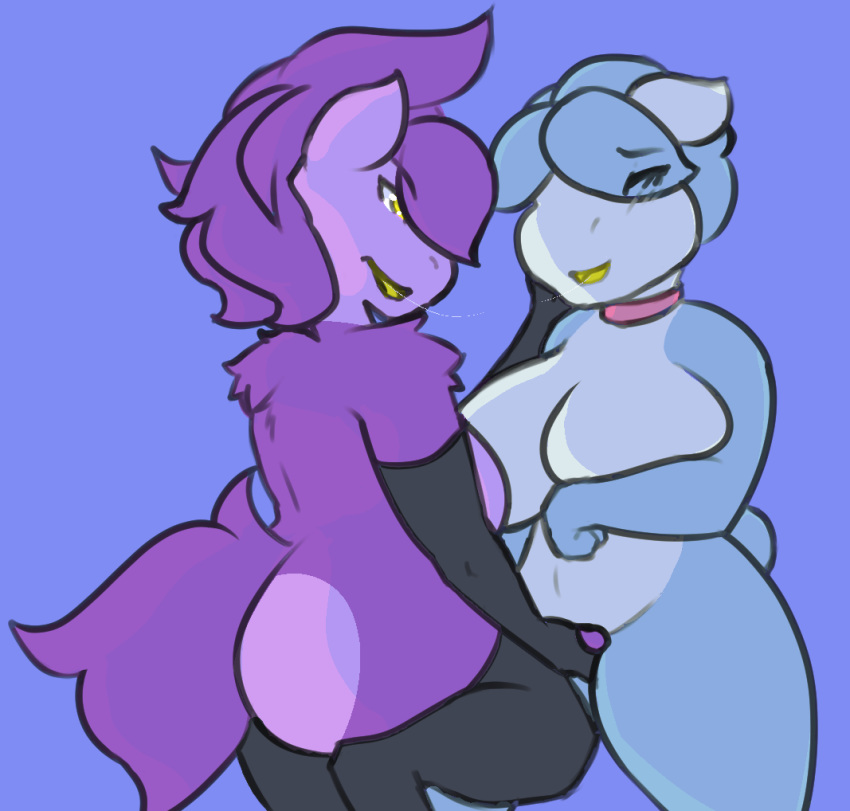 after_kiss anthro big_breasts blue_body blue_fur blue_hair blush breasts clothing collar duo ears_back equid equine female female/female fingering fur genitals gloves hair hand_on_breast hand_on_cheek handwear happy horse incest legwear lumi_(character) mammal messy_hair multicolored_body noir_(character) petsoftthings_(artist) pivoted_ears purple_body purple_fur purple_hair pussy siblings sister sisters thick_thighs thigh_highs two_tone_body yellow_body yellow_eyes yellow_skin yuri