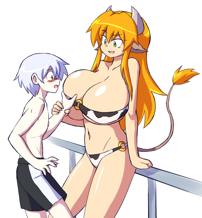 1boy 1boy1girl 1girls amber_eyes bandeau bandeau_bikini belly blush breast_grab cow_bikini cow_ears cow_girl cow_horn cow_print cow_tail curvy female front-tie_top green_eyes groping_breasts guided_breast_grab hand_on_wrist height_difference hucow huge_breasts long_hair miranda_(paulgq) navel orange_hair pale_skin paulgq shy silver_hair smaller_male trunks voluptuous