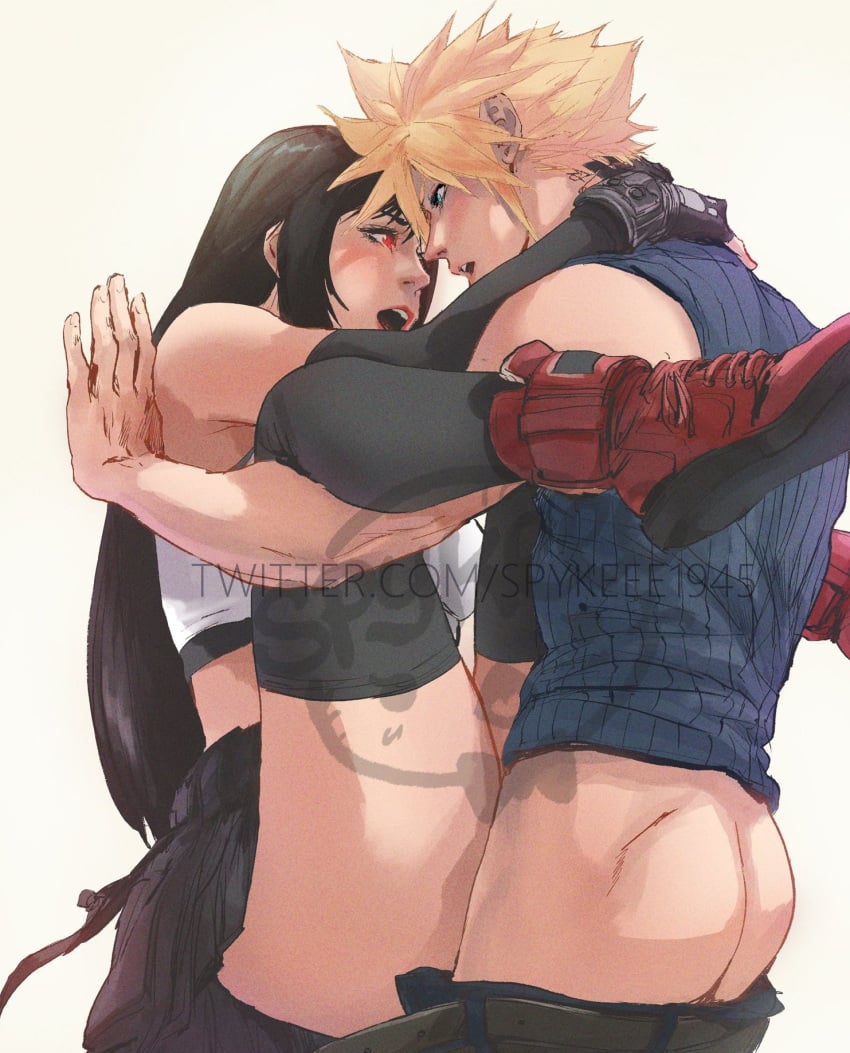 1boy 1girls against_wall arms_around_neck ass black_hair blonde_hair blue_eyes clothed clothed_sex cloud_strife couple cute embrace eye_contact female final_fantasy final_fantasy_vii final_fantasy_vii_remake hugging legs_up lifting lipstick long_hair looking_at_partner male open_mouth pants_down red_eyes romantic romantic_couple sex skirt spykeee stockings straight thighhighs tifa_lockhart vaginal_penetration watermark white_background wholesome wide_hips