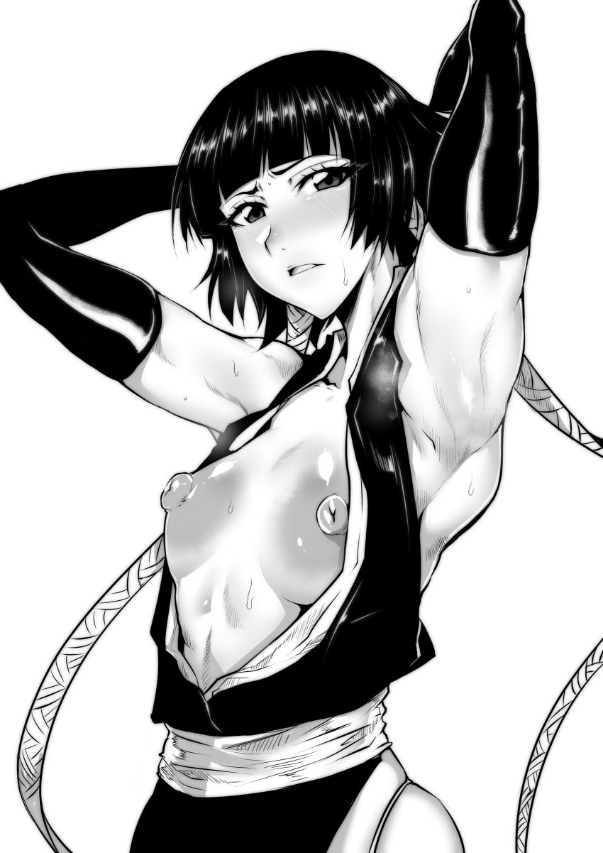 1girls areolae armpits arms_up bangs bleach blunt_bangs breasts elbow_gloves erect_nipples female female_only gggg gloves greyscale high_resolution huge_areolae large_areolae latex latex_gloves monochrome nipples showing_armpits small_breasts soifon solo sweat very_high_resolution