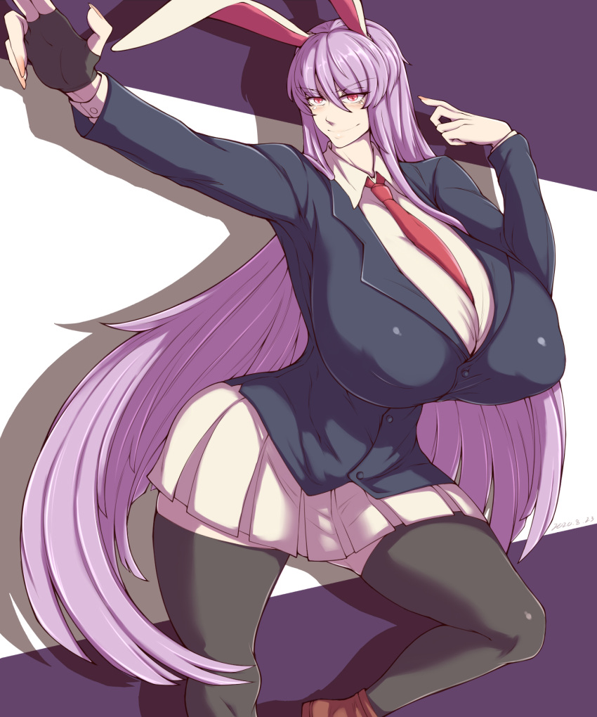 beige_skirt big_breasts black_gloves black_socks breasts brown_shoes bunny_ears business_suit elun_(meido) fingerless_gloves huge_breasts large_breasts long_hair looking_at_viewer multicolored_background purple_background purple_hair rabbit_ears red_eyes red_tie reisen_udongein_inaba shoes skirt smile smiling smirk tie touhou white_background white_shirt white_skin wide_hips youkai