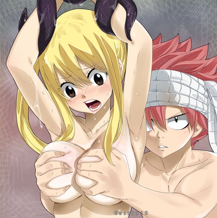 1boy 1girls blonde_hair blush breast_grab breasts brown_eyes completely_nude completely_nude_female completely_nude_male fairy_tail female gaston18 grabbing groping highres large_breasts lucy_heartfilia muscular_male natsu_dragneel pink_hair tagme tied_up