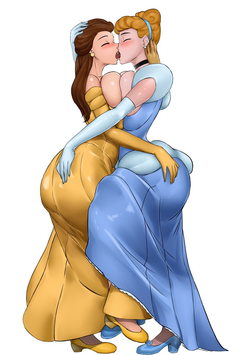 2girls ass_grab beauty_and_the_beast belle big_ass big_breasts breast-to-breast busty cinderella_(1950_film) cinderella_(disney) crossover disney disney_princess dress exposed_breasts female female_only heeled_shoes huge_ass huge_breasts kissing large_breasts lesbian lesbian_kiss multiple_girls pawg png symmetrical_docking thick thick_ass viruslex yuri