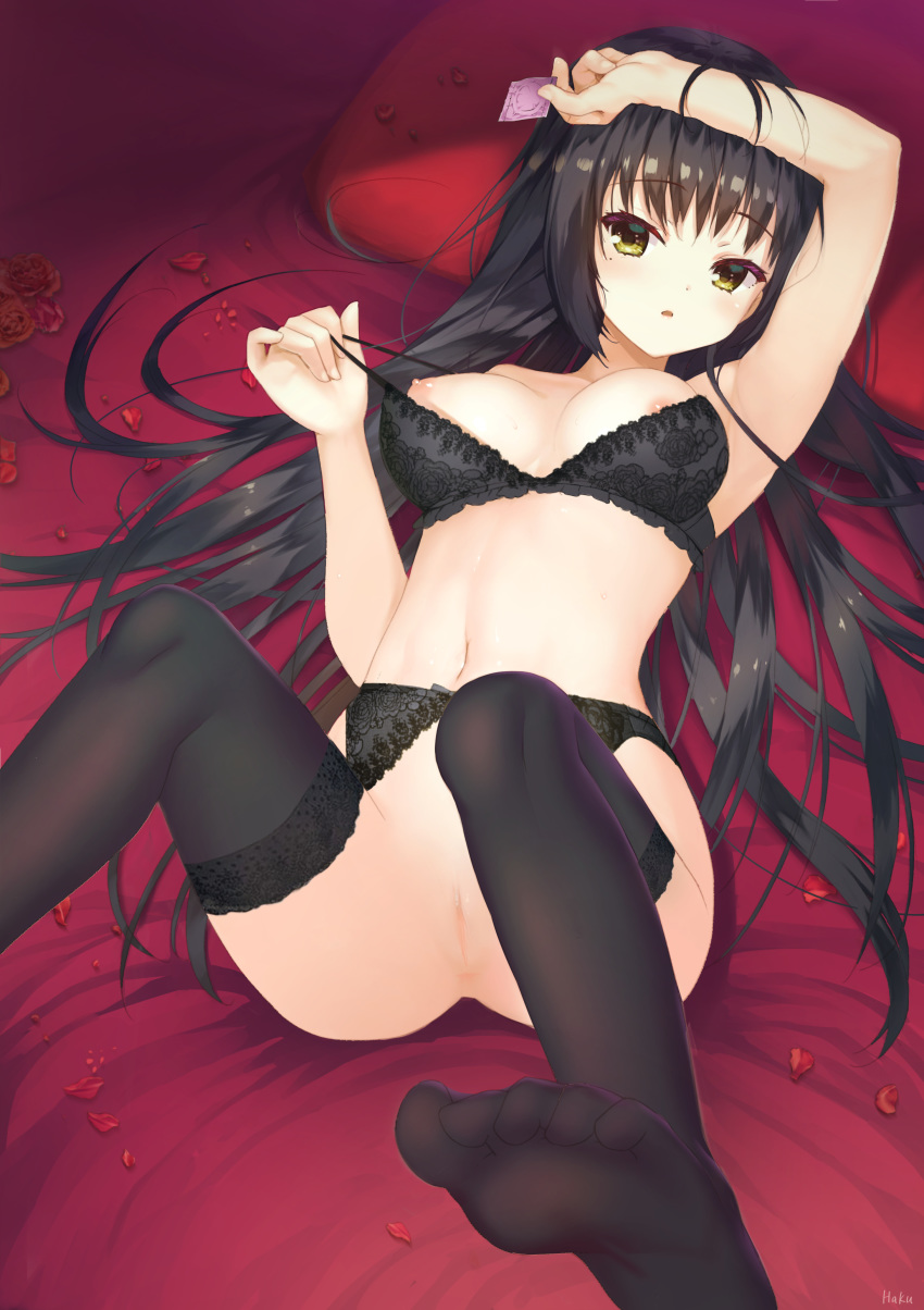 absurdres anus areola arm_up armpits artist_revision bangs bed_sheet black_bra black_hair black_legwear blue_(9153585) bottomless bra breasts cafe_stella_to_shinigami_no_chou censored collarbone condom eyebrows_visible_through_hair feet female flower garter_belt highres holding holding_condom lace lace_bra long_hair looking_at_viewer lying medium_breasts mosaic_censoring navel nipples on_back on_bed open_mouth petals pillow pussy red_flower red_rose rose see-through shiki_natsume shiny shiny_hair solo thigh_strap thighhighs uncensored underwear underwear_only undressing very_long_hair yellow_eyes