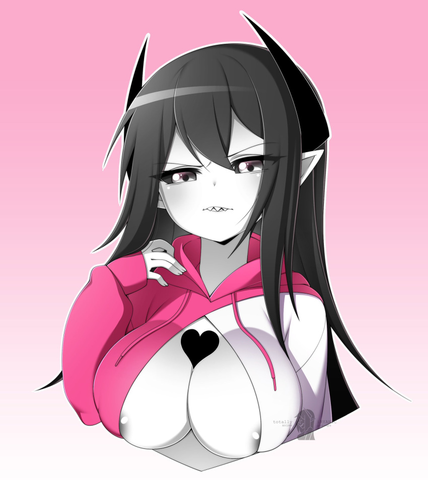 1girls big_breasts black_hair black_sclera blush breasts crop_top demon demon_girl demon_horns edie_crop_hoodie female female_only heart hoodie horns iryanic long_hair original original_character pale-skinned_female pale_skin pointy_ears sharp_teeth white_skin