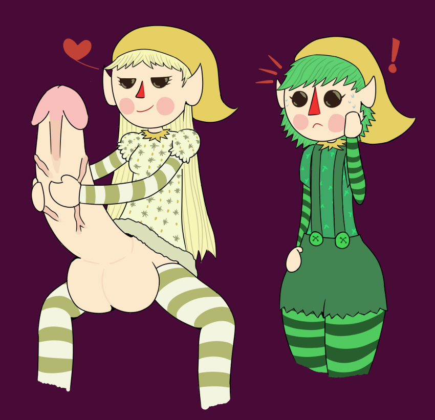 2girls big_penis black_eyes blonde_hair christmas christmas_elf cute cute_eyes elf female futanari green_clothing green_hair heart lesbian male mi_duende_magico nieve_(mi_duende_magico) penis penis_bigger_than_head pistacho pistacho_(mi_duende_magico) red_nose socks statestrike_(artist) sweat sweatdrop thick thick_legs thick_penis trap white_clothing