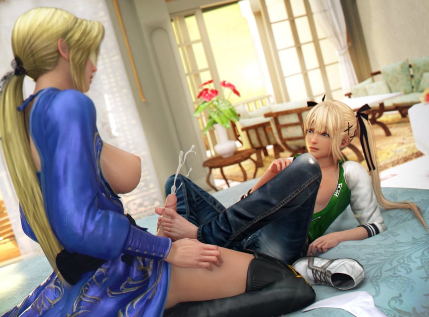 1futa 1girls 3d areolae barefoot big_breasts breasts cum cumshot dawadd dead_or_alive erection feet female foot_fetish footjob futanari helena_douglas large_breasts marie_rose nipples penis toes