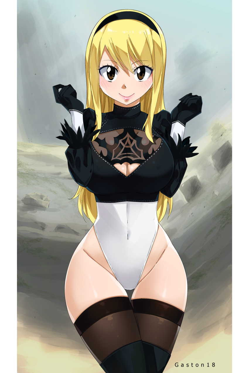 1girls 2020 5_fingers big_breasts black_gloves black_legwear blonde_hair blush breasts brown_eyes cleavage clothed clothing cosplay covered_navel crossover eyebrows eyelashes fairy_tail female female_only gaston18 gloves groin hair hairband huge_breasts human human_only legwear leotard long_hair lucy_heartfilia nier:_automata nier_(series) smile solo stockings thick_thighs thigh_gap thighhighs video_games wide_hips yorha_2b_(cosplay)