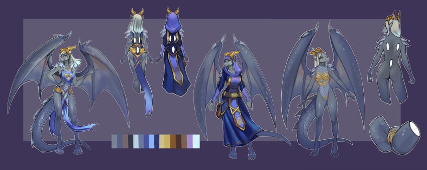 anthro clothed clothing dark_skin dragon female fonorth genitals hi_res hunterx90 hybrid loretta magic_user merime model_sheet nipples nude pussy rear_view revealing_pussy robe royalty skies solo story story_in_description wings