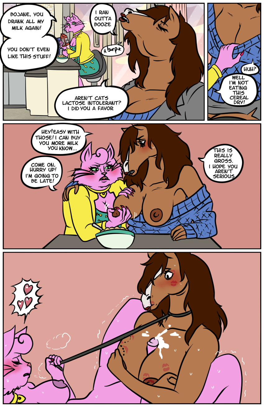 1futa 1girls 2020 absurd_res anthro anthro_on_anthro assisted_exposure bite_mark blush bodily_fluids bojack_horseman bojack_horseman_(character) breast_grab breasts brown_body brown_hair brown_nipples cereal clothing comic cum cum_on_breasts cumshot dialogue domestic_cat domination duo ejaculation english_text equid equine exposed_breasts felid feline felis female food ftg_crossgender fti_crossgender futa_on_female futanari genital_fluids genitals gynomorph gynomorph/female gynomorph_domination hair hair_over_eye hand_on_breast heart hi_res horse intersex intersex/female intersex_domination interspecies kiss_mark leash leash_pull mammal mtf_crossgender netflix nipples nude one_eye_obstructed paizuri penis pink_body pink_penis princess_carolyn rule_63 sex sitting submissive submissive_female sweater text titjob topwear wolf_glade