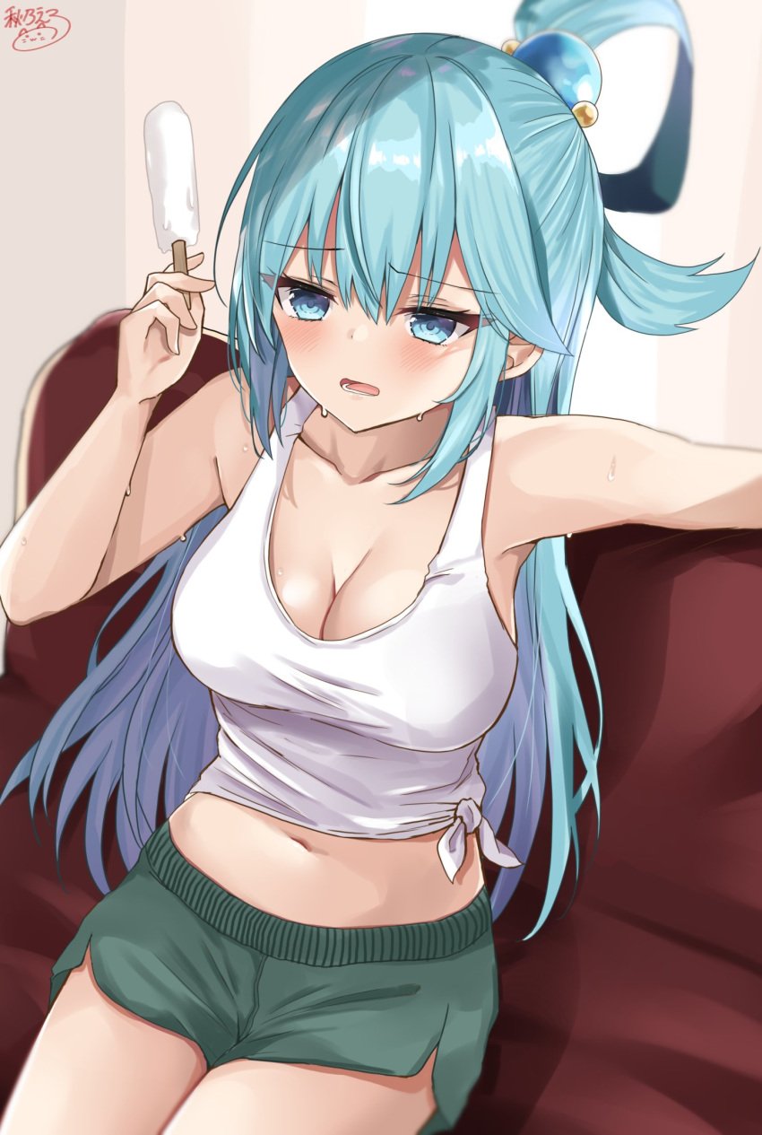 1girls 2020 absurd_res akino_ell aqua_(konosuba) aqua_eyes aqua_hair armpits bare_arms bare_shoulders blush breasts cleavage clothed clothing couch eyebrows_visible_through_hair eyes_visible_through_hair female female_only food hair_rings highres holding_food indoors kono_subarashii_sekai_ni_shukufuku_wo! large_breasts long_hair matching_hair/eyes navel open_mouth popsicle shorts sideboob signature sitting solo sweat sweatdrop sweating tank_top teeth thighs tied_hair tied_shirt tongue very_long_hair