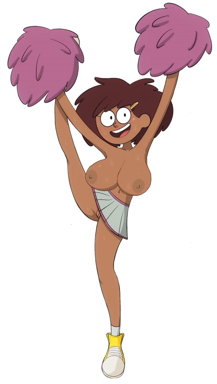 amphibia anne_boonchuy arms_up brown_areola cheerleader_uniform dark-skinned_female disney disney_channel female_only footwear hair_clip huge_areolae huge_breasts leg_up nipples no_panties pom_poms pussy skirt sneakers straight_hair sweat thai topless vicsagod white_background