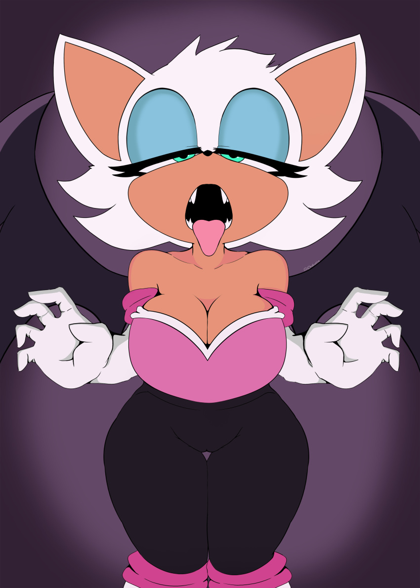 1girls absurd_res anthro big_breasts breasts cameltoe chiropteran cleavage clothed clothing fangs female female_only fur gloves green_eyes hair handwear hi_res looking_at_viewer lucky_shelf mammal mouth_shot narrowed_eyes open_mouth purple_background rouge_the_bat sega simple_background solo sonic_(series) standing teeth thick_thighs thigh_gap tongue tongue_out video_games white_body white_fur wide_hips wings