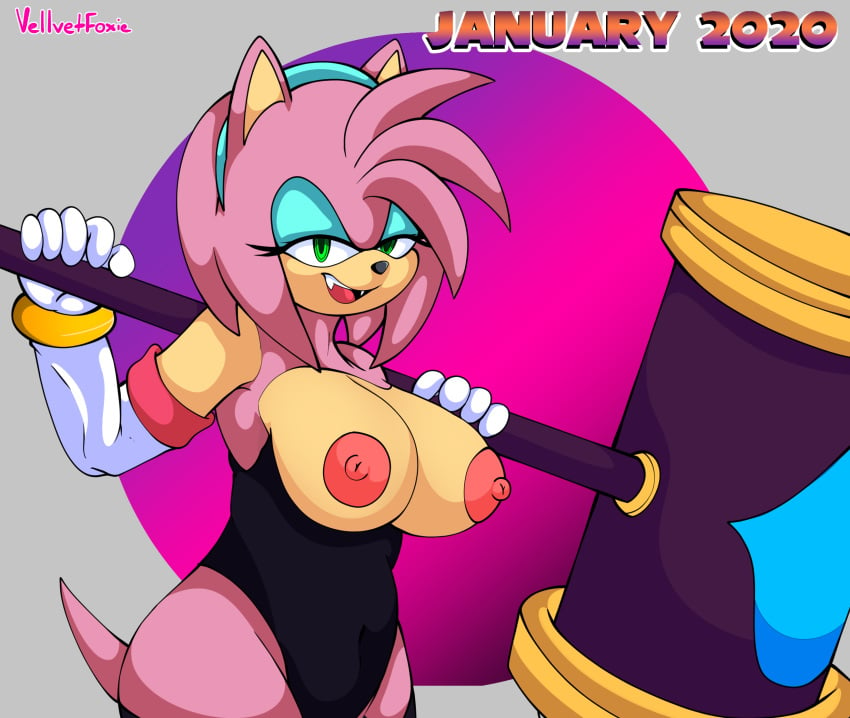 1girls alternate_breast_size amy_rose amy_the_bat anthro cosplay female furry hammer holding_weapon nipples rouge_the_bat_(cosplay) sega sonic_(series) sonic_the_hedgehog_(series) tagme vellvetfoxie