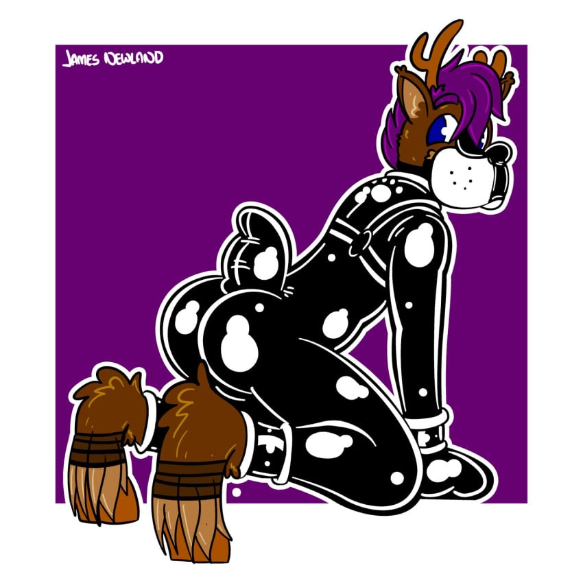 1:1 1boy anthro antlers blue_eyes body_fur bondage bondage_gear bound brown_fur cervid clothing harness harvzilla hi_res hooves james_newland kneeling latex_suit male male_only mammal petplay puppyplay purple_hair roleplay rubber rubber_suit smooth_fur solo spacepupsilver stoobs toony