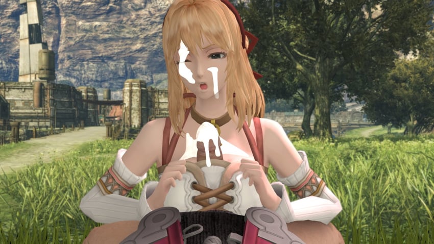 1boy 1girls 3d bangs blonde_hair breasts bridge buildings butterfly_hair_ornament choker cliffs climax clothed clothing cum cum_on_breasts cum_on_face cumshot detached_sleeves detailed_background dripping_cum ejaculation female female_focus fiora_(xenoblade) grass green_eyes hair_ribbon half_dressed headband laying_down legs male medium_breasts medium_hair necklace nintendo one_eye_closed open_mouth orgasm outdoors outercourse outside paizuri penis penis_between_breasts pov sex sfm shulk_(xenoblade) straight theboobedone town trees white_topwear xenoblade_(series) xenoblade_chronicles