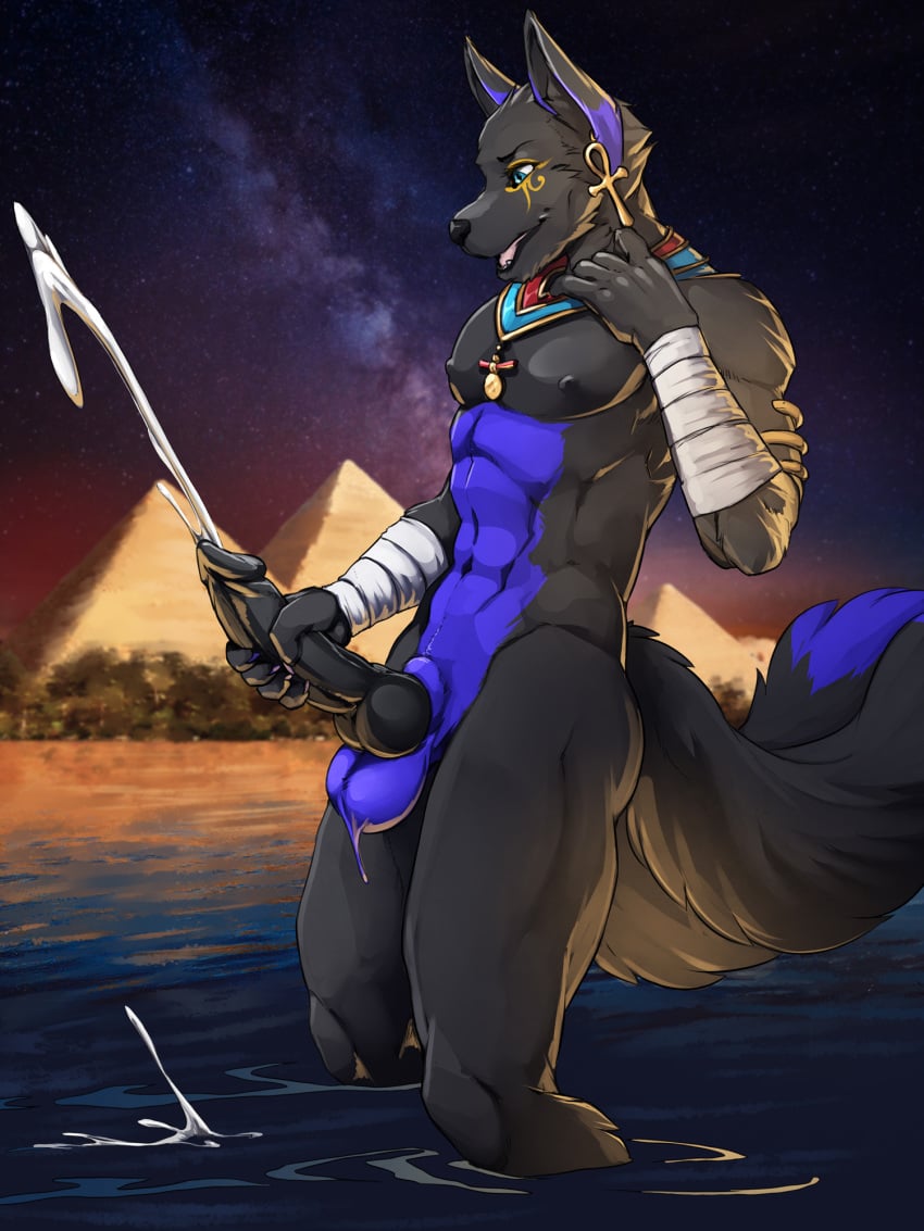 1boy ankh anthro anthro_only aqua_eyes balls big_penis black_fur canine canine_penis cum cumshot dog_ears dog_tail dogboy egypt egyptian egyptian_makeup furry furry_only huge_cock makeup male male_only masturbation night open_mouth penis pyramids river stars twinkle-sez