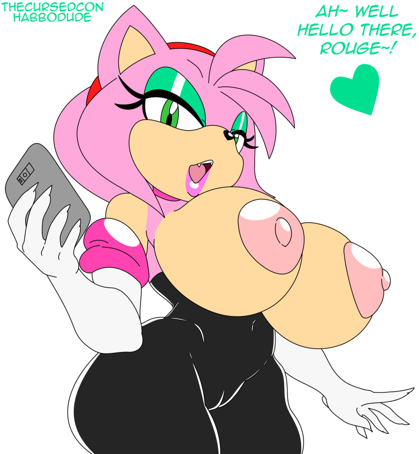 1girls alternate_breast_size amy_rose amy_the_bat anthro bedroom_eyes big_ass big_breasts bimbo breasts breasts_out busty cameltoe clothing cosplay female female_only flat_colors furry green_eyes habbodude huge_breasts large_breasts nipples open_mouth phone rouge_the_bat_(cosplay) sega short_hair solo sonic_(series) sonic_the_hedgehog_(series) thecon white_background