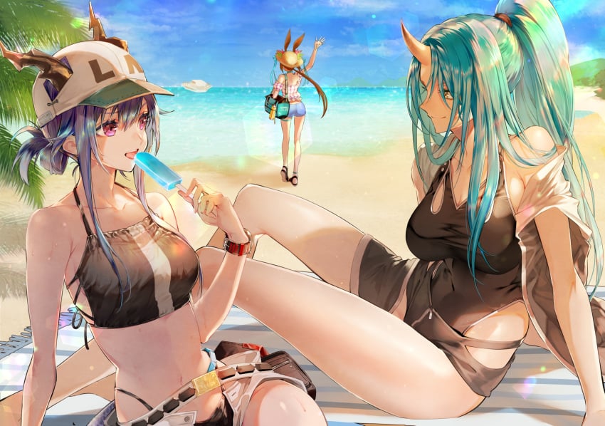 3girls alternate_costume amiya_(arknights) animal_ears arknights bangs bare_shoulders baseball_cap beach blue_hair bunny_ears bunny_girl ch'en_(arknights) clouds day dragon_girl dragon_horns dragon_tail female_tourist_c_(arknights) green_hair hat horn horns horns_through_headwear hoshiguma_(arknights) long_hair multiple_girls navel ocean oni palm_tree ponytail popsicle purple_eyes sanbabasanba shorts sun_hat swimsuit tail towel watch wristwatch yellow_eyes