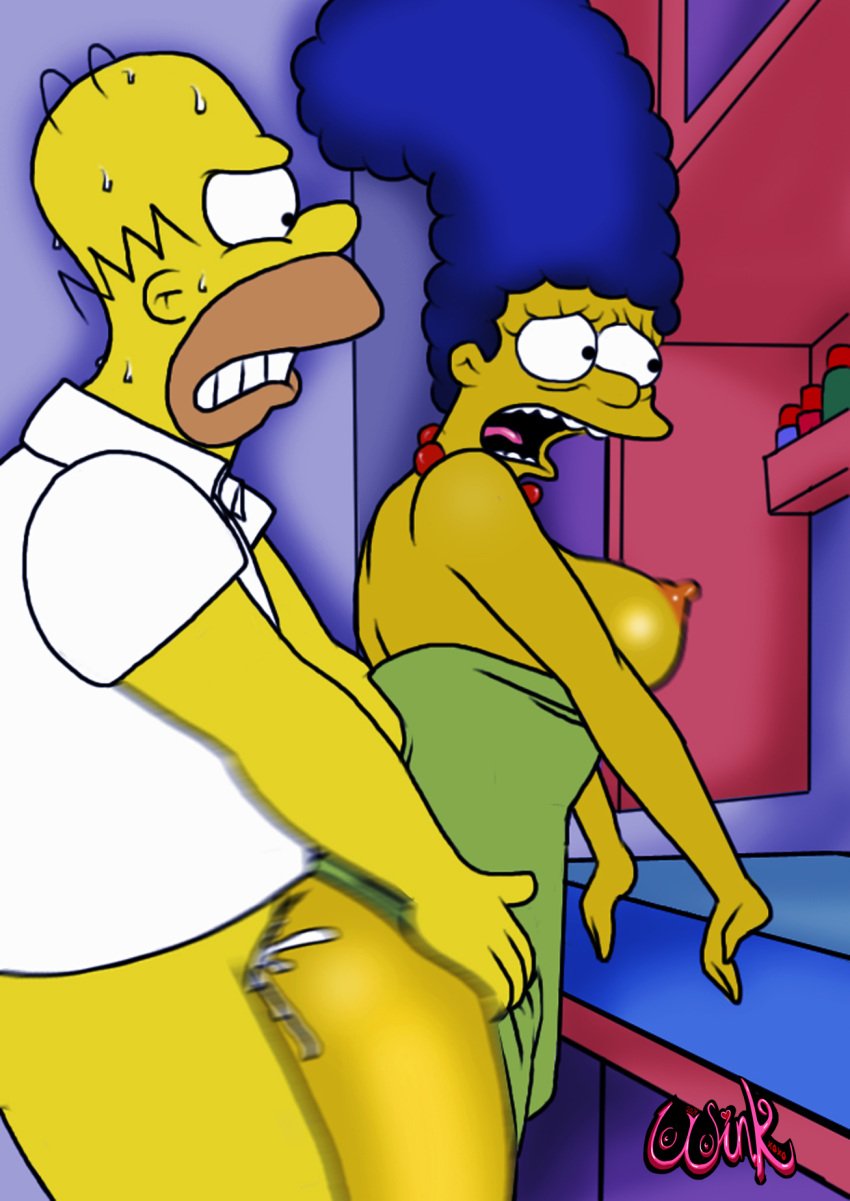 ass blue_hair counter dress dress_lift fat_man from_behind homer_simpson housewife husband_and_wife kitchen male marge_simpson monogamy nipples pounding pressed_against rough_sex screaming shirt teeth_clenched the_simpsons thewink wife