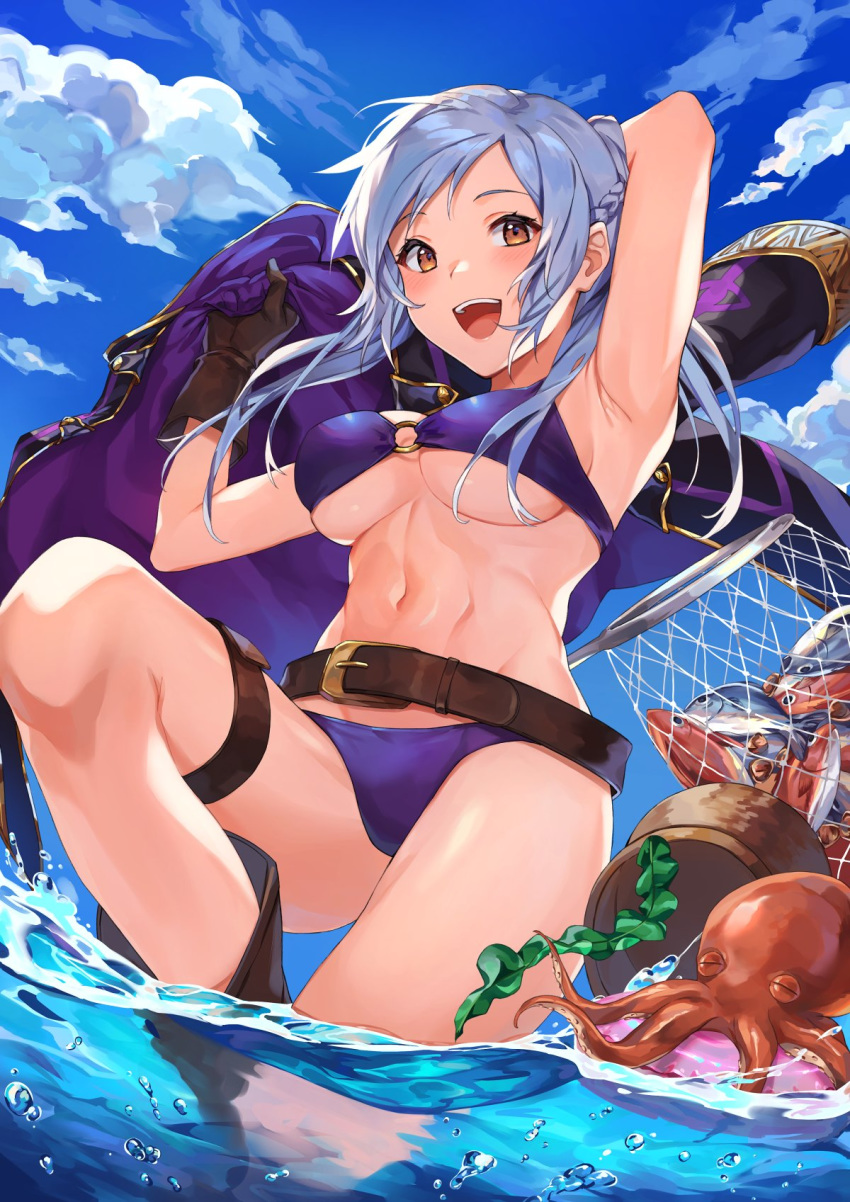 1girls :d arm_up armpits belt bikini blush boots breasts brown_eyes brown_gloves coat day female fire_emblem fire_emblem_awakening fire_emblem_heroes fish fishing_net gloves highres kamu_(kamuuei) medium_breasts navel nintendo o-ring o-ring_bikini octopus open_mouth outdoors overcoat purple_bikini purple_swimsuit robin_(female)_(summer)_(fire_emblem) robin_(fire_emblem) robin_(fire_emblem)_(female) smile solo swimsuit thigh_strap underboob water white_hair