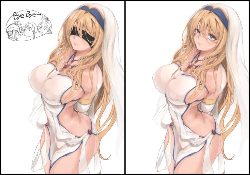 1girls arms_behind_back armwear black_blindfold blind blindfold blonde_hair breasts clothed curvaceous female female_only goblin_slayer light-skinned_female light_blue_eyes light_skin long_hair mamimi_(mamamimi) mature_female necklace nipples_visible_through_clothing puffy_nipples pussy_floss robe sideboob solo solo_female standing sword_maiden_(goblin_slayer) thick_thighs transparent_clothing veil white_dress white_robe wide_hips