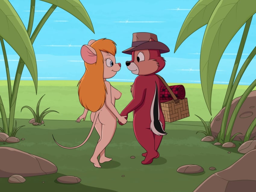 4:3 anthro ass beach breasts chip chip_'n_dale_rescue_rangers chipmunk clothing disney duo fedora female gadget_hackwrench ground_squirrel hand_holding hat headgear headwear male mammal mouse murid murine nipples nude outdoors rodent romantic sciurid seaside sfan straight walking