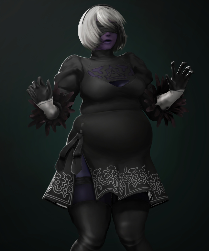 belly_inflation blindfold blue_skin blueberry_inflation dress gloves hairband nier:_automata raikovjaba stockings white_hair yorha_2b