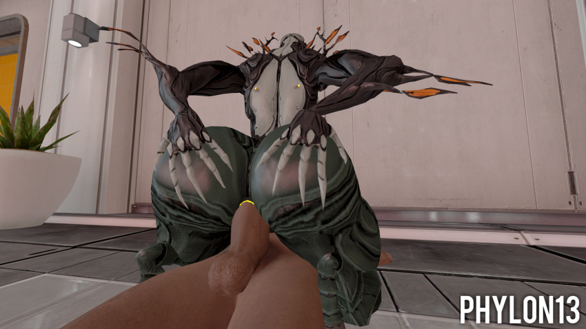 3d back_view big_ass big_penis big_testicles dark-skinned_male fat_ass interspecies oberon_(warframe) phylon13 rule_63 small_waist warframe