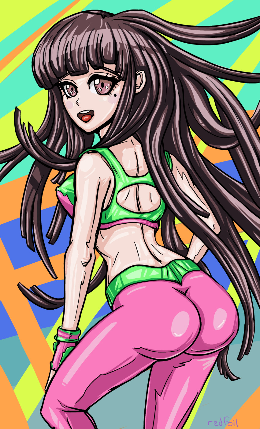 alternate_costume ass colorful_background danganronpa gym_uniform huge_ass large_ass long_hair looking_back open_mouth redfoil smile straight_hair tsumiki_mikan yoga_pants