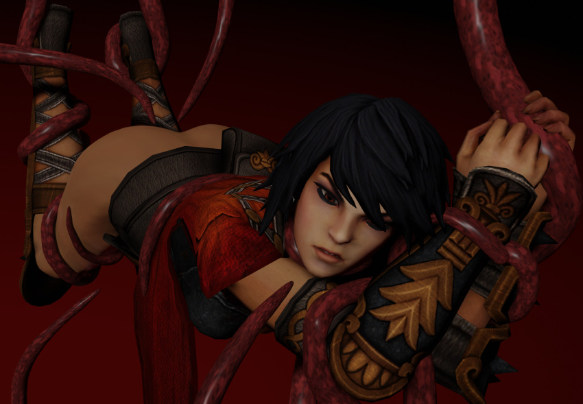 1girls 3d angry armor ass bellona_(smite) black_hair blender female gauntlets imminent_rape imminent_sex partially_clothed partially_clothed_female rape red_tentacle red_tentacles restrained scrido short_hair smite suspension tentacle