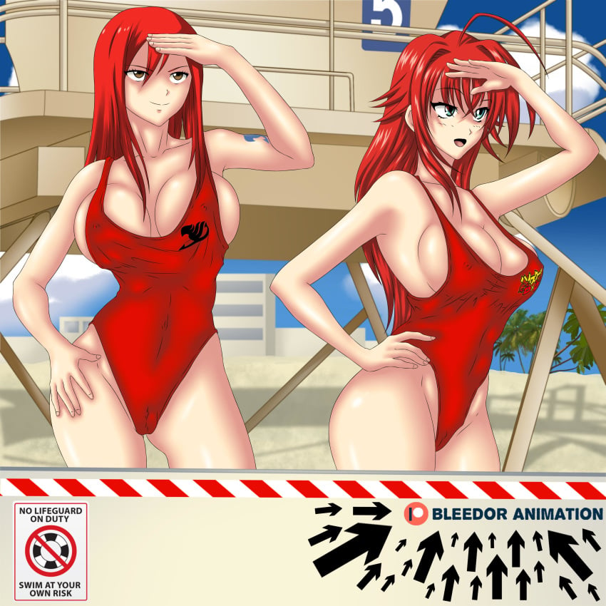 baywatch_(cosplay) baywatch_(franchise) beach big_breasts bleedor commission crossover erza_scarlet fairy_tail high_school_dxd lifeguard open_mouth red_hair rias_gremory swimsuit