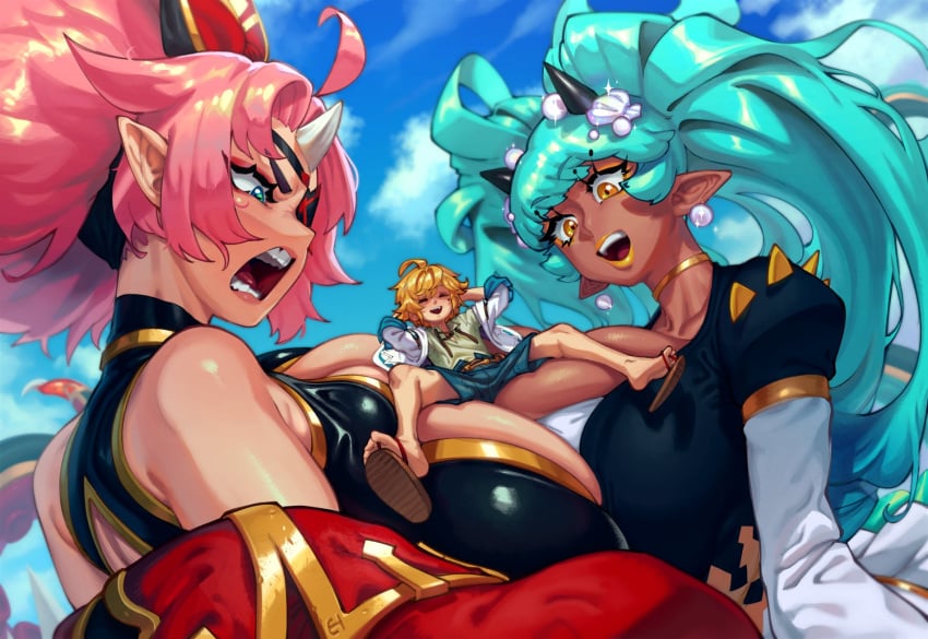 1boy 2girls ^_^ ahoge angry aqua_hair bangs barbary big_breasts blond_male breast_press breasts dark_skin docking dragalia_lost dress eigaka euden eyepatch feet flip_flops giantess gold_jewelry gold_lipstick hair_ornament hands_behind_head headgear horn horns huge_breasts jacket necklace off_shoulder open_mouth pearl_(gem) pearl_earrings pink_hair pointy_ears sandals scylla_(dragalia_lost) shell shorts thong_sandals