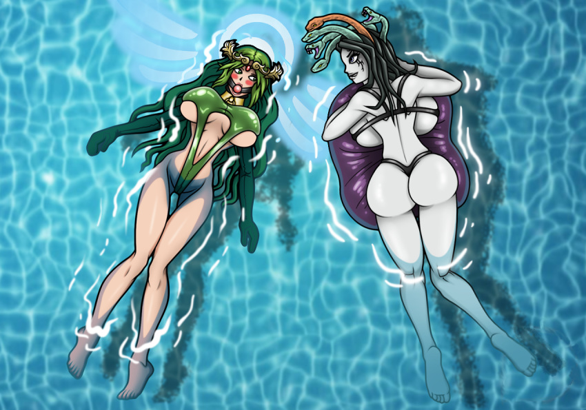 2girls ball_gag blush bondage breasts collar edit female hourglass_figure kid_icarus large_breasts medusa medusa_(kid_icarus) nintendo palutena pool re-maker remaker swimming_pool swimsuit third-party_edit