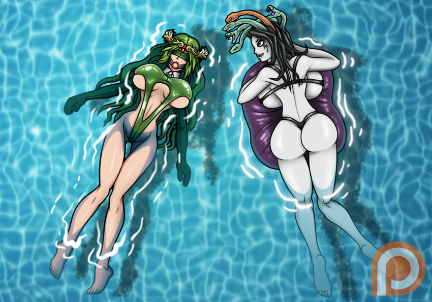 2girls ball_gag blindfold bondage collar hourglass_figure kid_icarus large_breasts medusa medusa_(kid_icarus) nintendo palutena pool re-maker remaker swimming_pool swimsuit