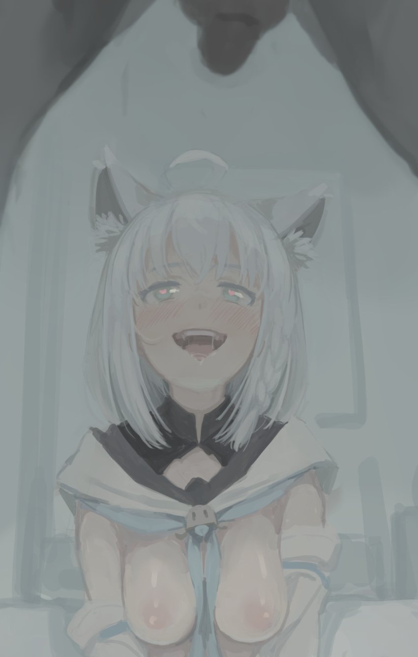 1boy ahoge animal_ear_fluff animal_ears aqua_eyes aqua_neckwear areolae backsack bangs between_legs blue_eyes blush braid breasts dark-skinned_male detached_sleeves door drooling female fox_ears fox_girl heart heart-shaped_pupils highres hololive hololive_gamers hololive_gen_1 hololive_japan in_heat kemonomimi kitsune kujira_pasta medium_breasts neckerchief neckwear_between_breasts nipples open_mouth penis penis_awe sailor_collar saliva shirakami_fubuki side_braid sidelocks silver_hair single_braid sketch smile straight symbol-shaped_pupils symbol_commentary teeth tongue tongue_out torogao upper_teeth virtual_youtuber white_hair white_sailor_collar