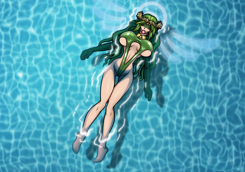 1girls ball_gag blindfold bondage breasts collar edit female hourglass_figure kid_icarus large_breasts nintendo palutena pool re-maker remaker swimming_pool swimsuit third-party_edit
