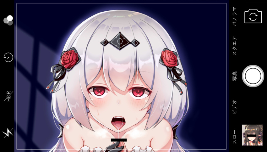 bangs bar_censor bare_shoulders black_gloves black_hair black_ribbon blush breath censored commentary_request diadem diamond_(shape) eyebrows_visible_through_hair fake_screenshot fangs female flower gloves glowing hair_between_eyes hair_flower hair_ornament hair_ribbon half-closed_eyes honkai_(series) honkai_impact_3rd icon kana_(ky4696) lightning_bolt long_hair looking_at_viewer naughty_face open_mouth penis penis_grab phone_screen pointy_ears portrait pov red_eyes ribbon saliva saliva_trail shiny shiny_hair shiny_skin sidelocks sweat theresa_apocalypse tongue tongue_out translation_request twintails white_hair window_shade