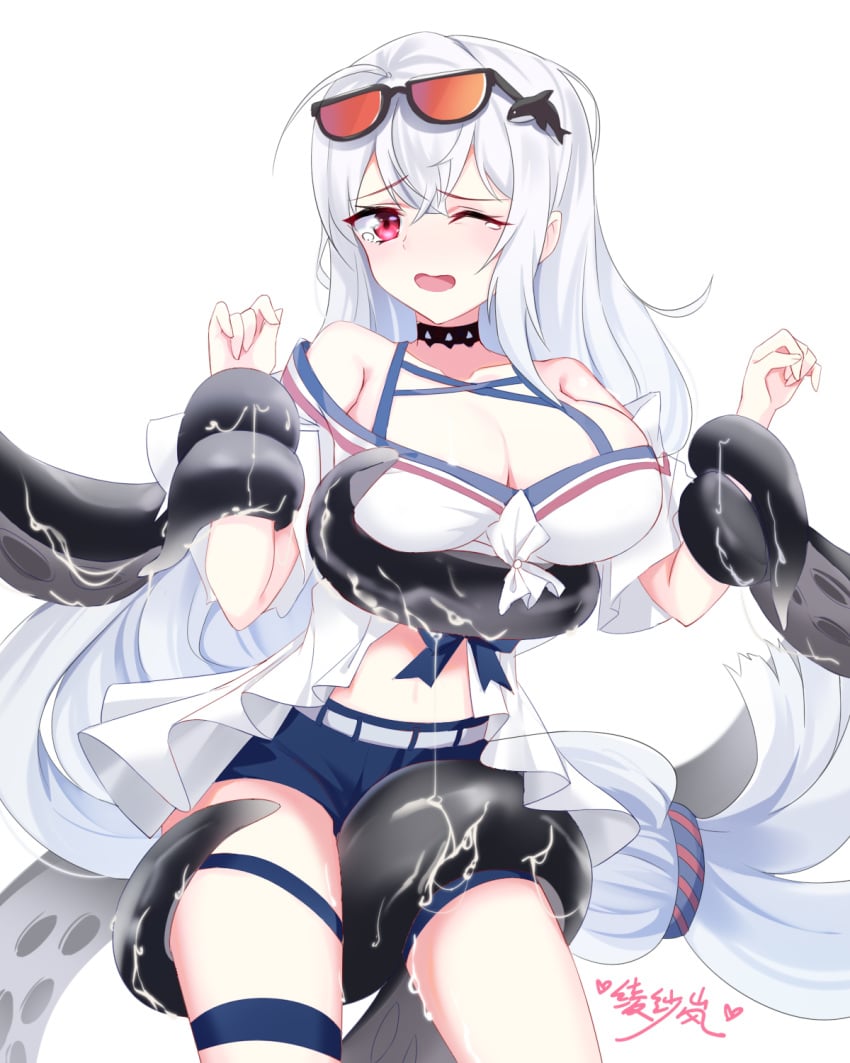 2020 arknights bangs bare_shoulders black_choker blue_shorts breasts chinese_commentary choker cleavage commentary_request coral_coast_series cowboy_shot eyebrows_visible_through_hair eyewear_on_head female hair_ornament highres lanelise large_breasts long_hair looking_at_viewer low-tied_long_hair navel no_hat no_headwear off-shoulder_shirt off_shoulder one_eye_closed open_mouth red_eyes ride_the_waves_wh04 shirt short_shorts short_sleeves shorts silver_hair simple_background skadi_(arknights) solo standing sunglasses tears tentacle thigh_strap thighs very_long_hair whale_hair_ornament white_background white_shirt