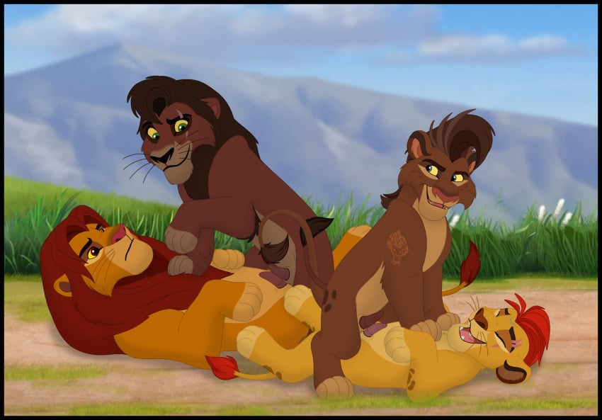 baliyo black_border border disney erection felid feral feral_on_feral frottage fur gay genitals group hi_res kaion kion kovu lion male male/male male_only mammal pantherine penis sex simba the_lion_guard the_lion_king yaoi young