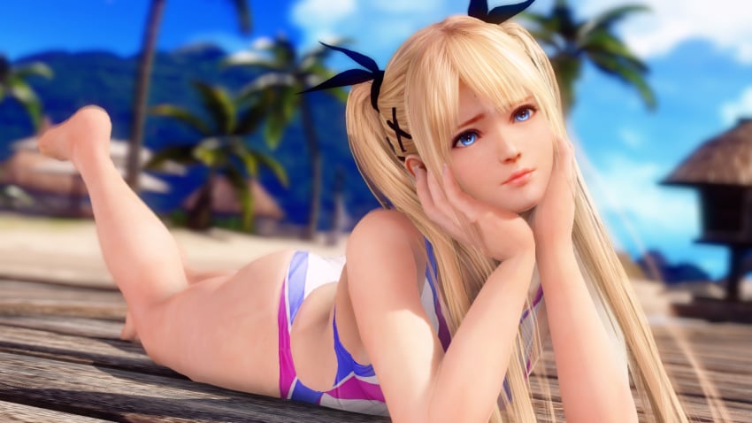 1girls 3d 3d_(artwork) beach blonde_hair cute dead_or_alive dead_or_alive_6 female leotard marie_rose one-piece_swimsuit solo solo_female solo_focus speedo swimsuit x-kx_(artist) young