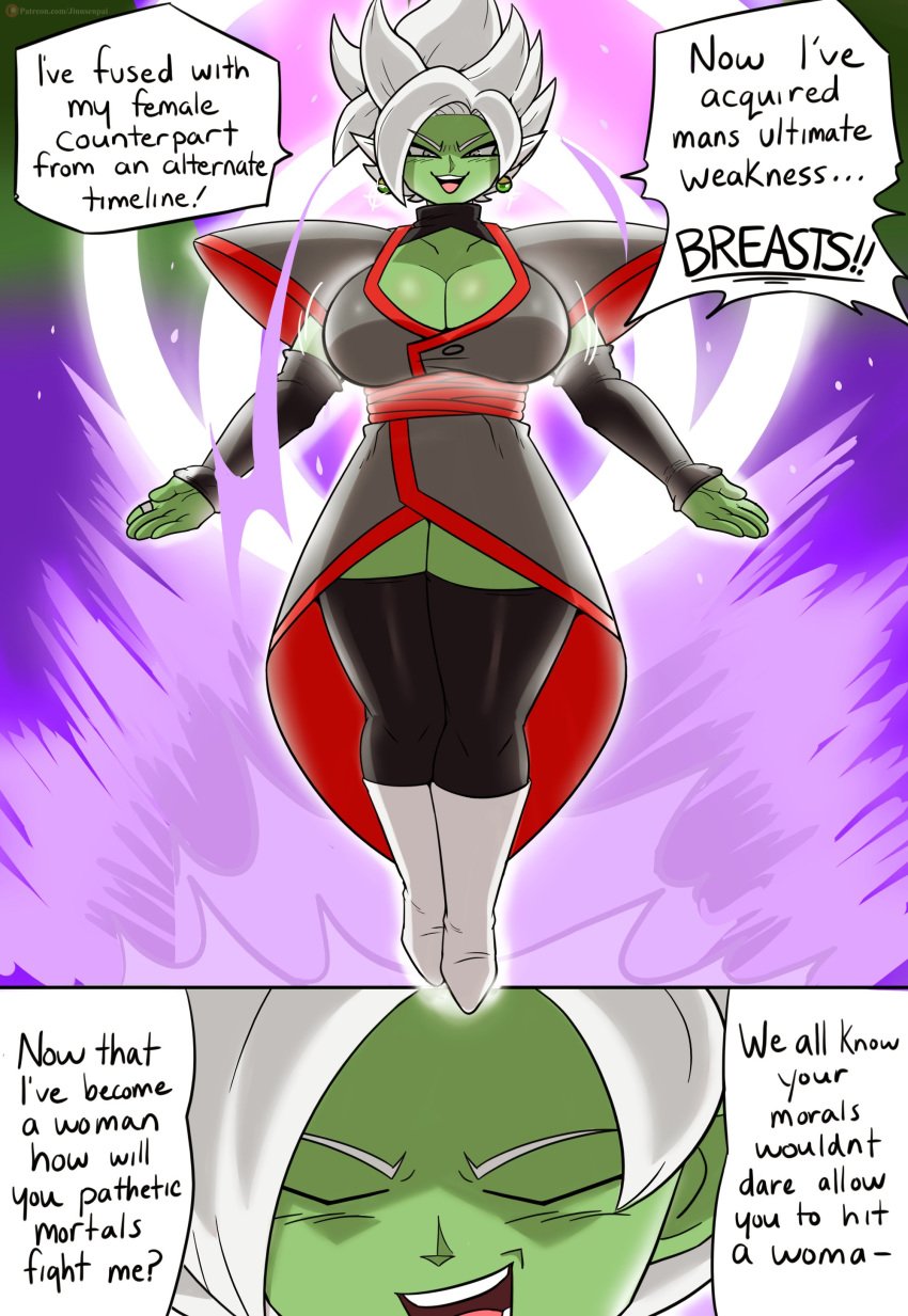 >:d 1girls aura big_breasts black_socks breasts bust busty comic core_person deity dragon_ball dragon_ball_super english_text evil evil_smile eyes_closed female female_focus female_on_top female_only female_zamasu fused_zamasu fusion goddess green_skin halo humanoid insult jinu long_socks looking_down looking_pleasured nightmare_waifu pointy_ears potara_earrings potara_fusion rule_63 solo solo_female solo_focus speech_bubble spiky_hair thick thick_thighs thighs white_boots white_hair zamasu